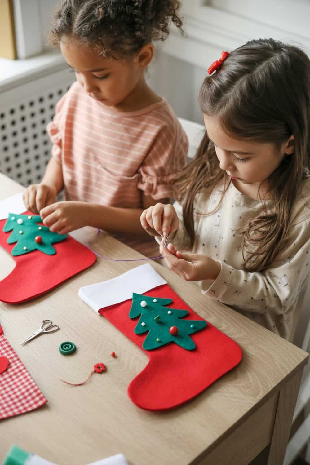 Two children making felt Christmas stockings with decorations.