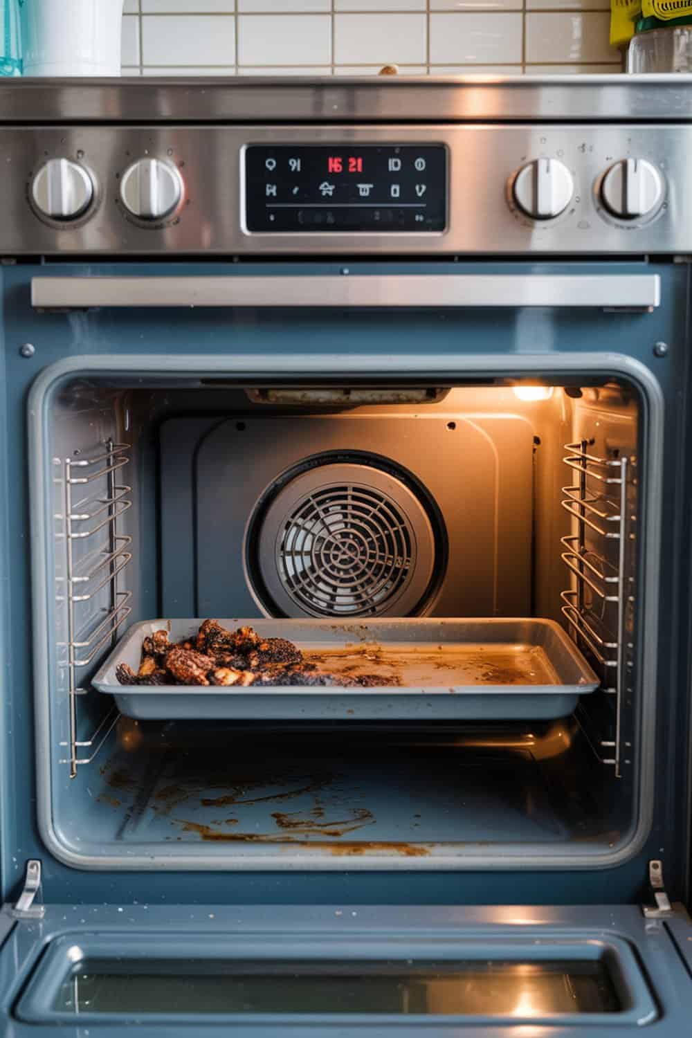 An inside view of a dirty oven with a baking tray and grease stains.