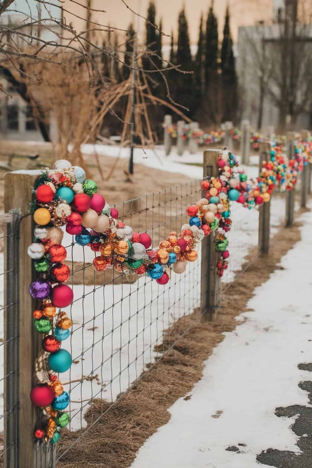 Colorful ornament garland hanging along a fence in a snowy outdoor setting.