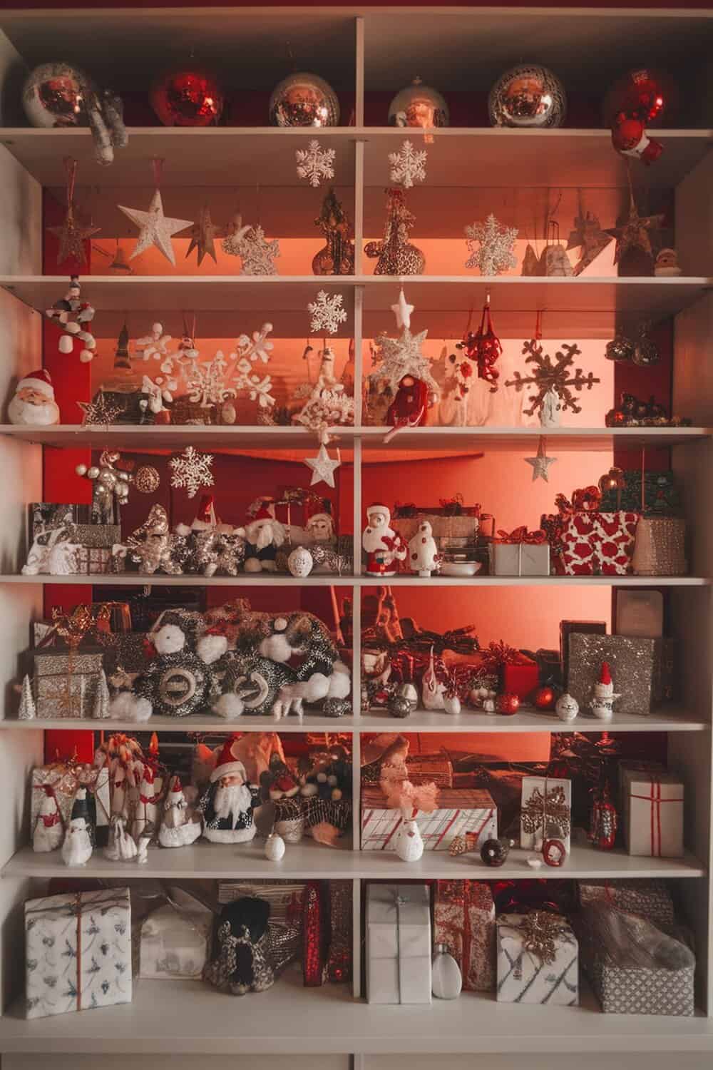 A well-organized shelf filled with Christmas decorations and gifts.