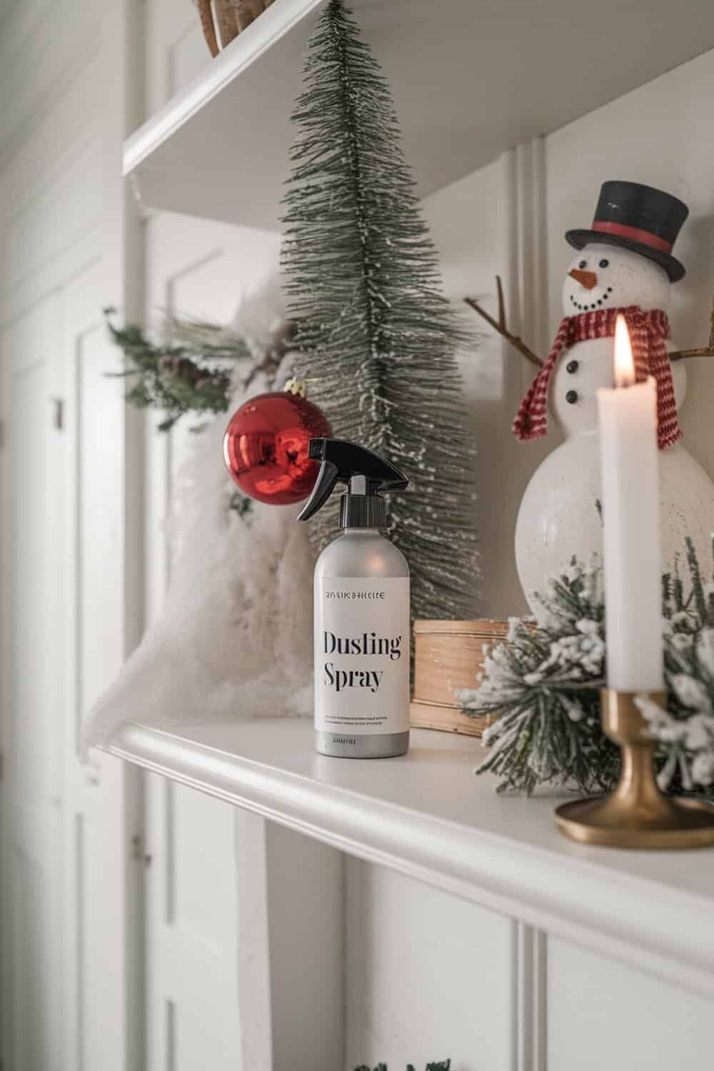 A bottle of dusting spray on a shelf decorated for winter.