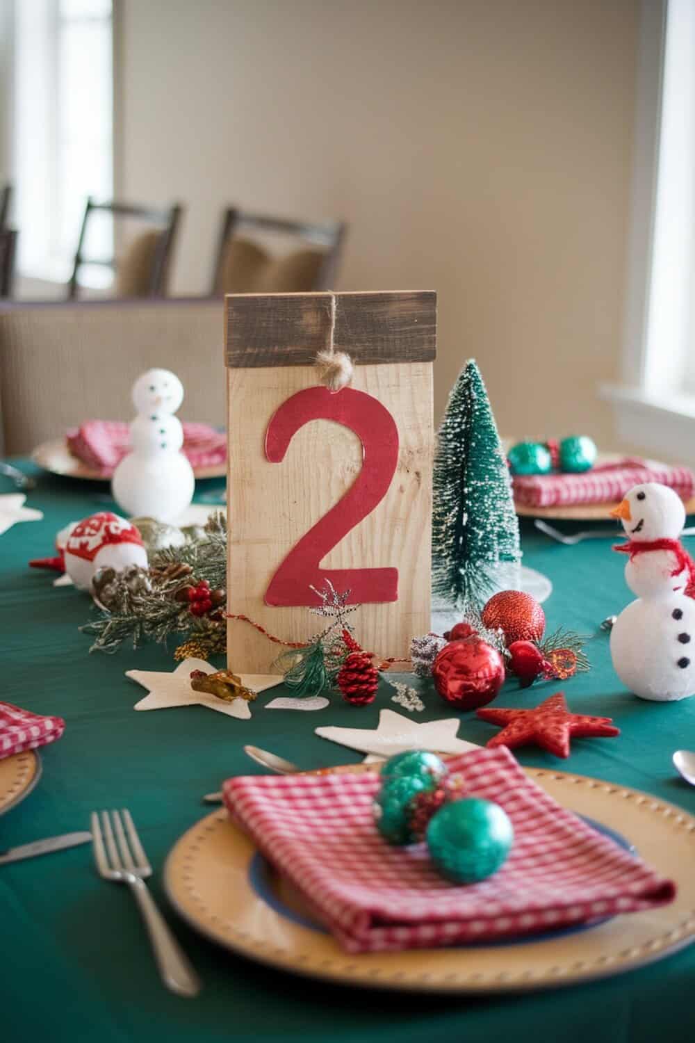 A Christmas table setting featuring a wooden table number display, festive decorations, and colorful napkins.