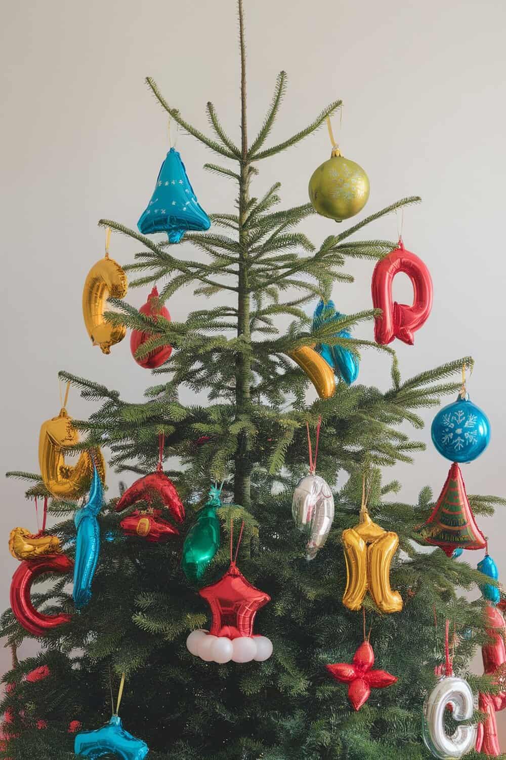 A Christmas tree decorated with colorful balloon ornaments in various shapes.