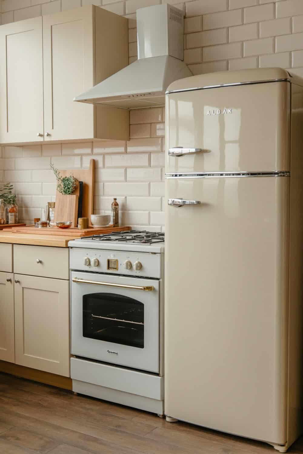 A clean kitchen with a beige fridge and white oven.