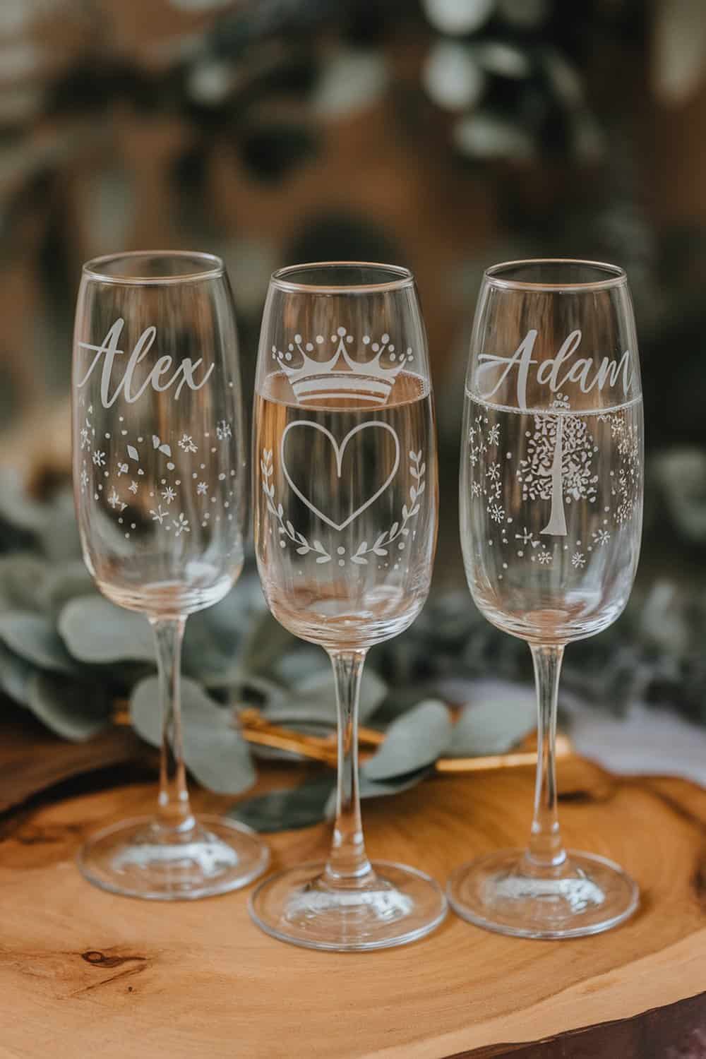 Three customized champagne glasses with names and designs on a wooden surface.