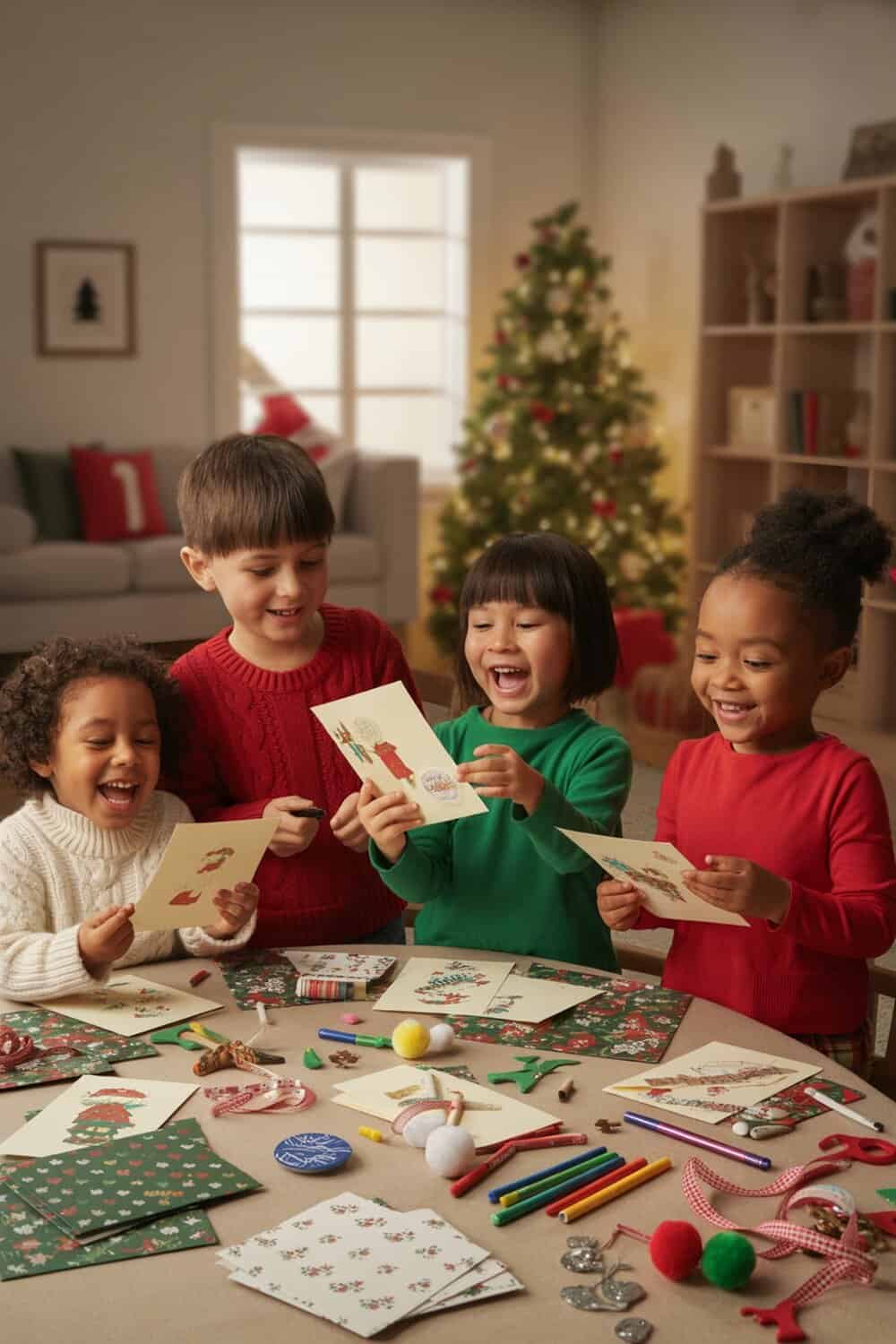 Children joyfully making Christmas cards at a table filled with craft supplies.