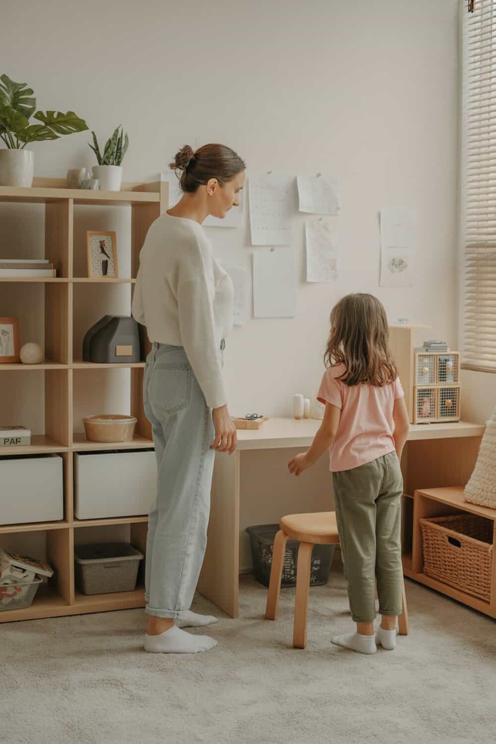 A parent and child assessing a tidy kids' space with shelves and a desk.