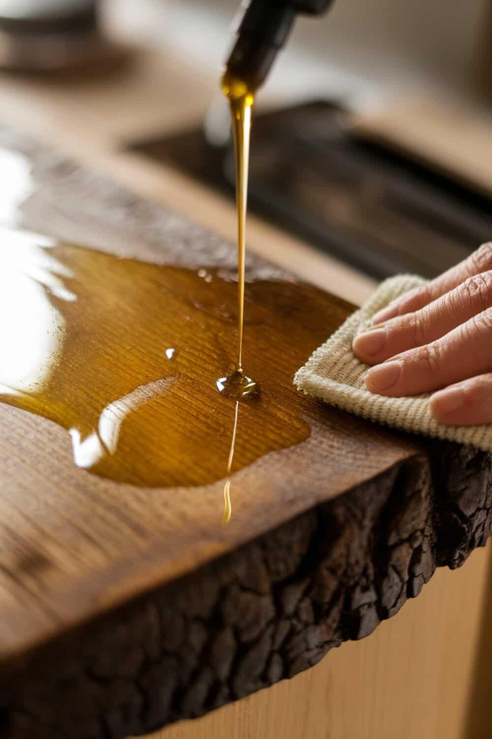 A hand pouring olive oil onto a wooden surface while wiping it with a cloth.
