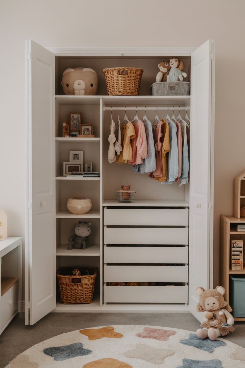 A well-organized closet with shelves, bins, and hanging clothes for kids.