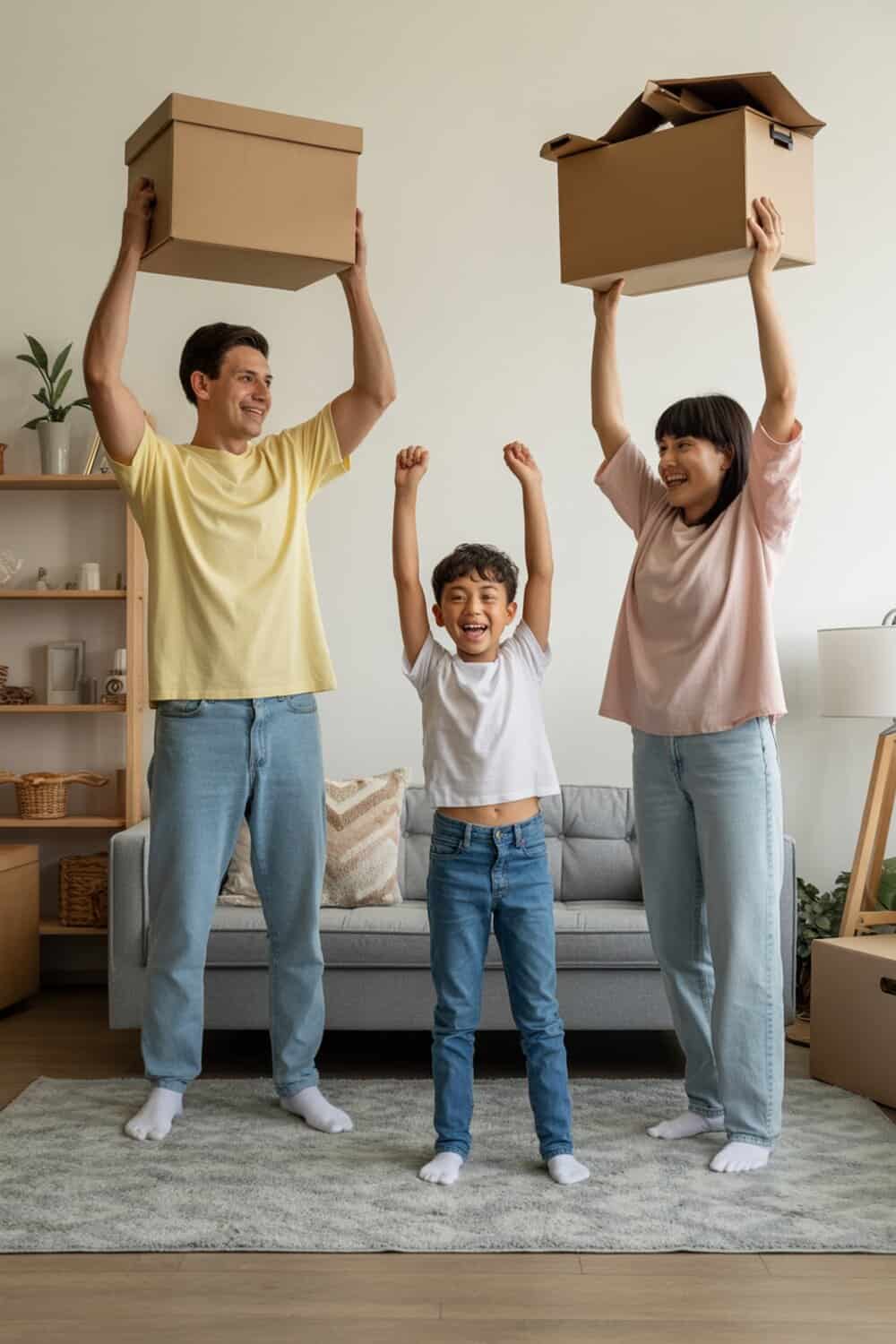 A happy family celebrating after decluttering their living space, holding boxes and smiling.