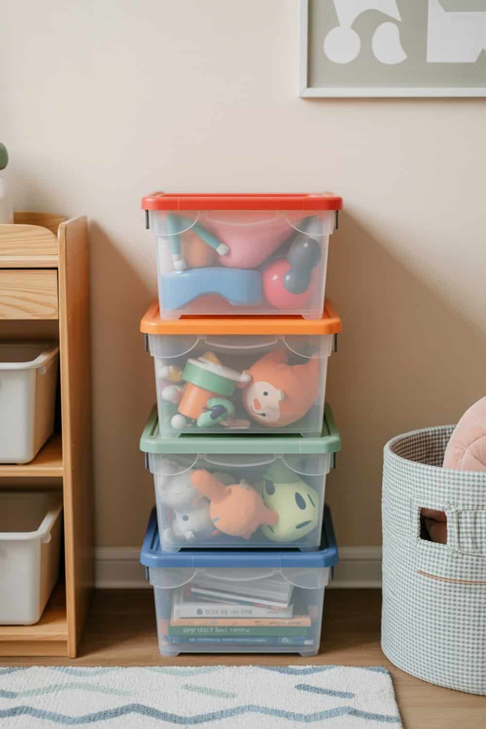 Stacked clear storage bins filled with colorful toys and books.