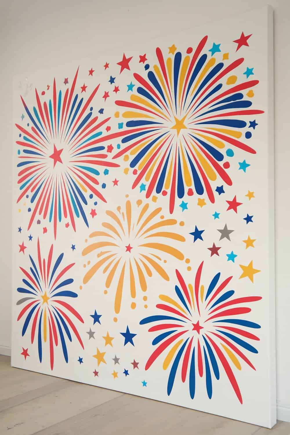 Colorful firework-inspired wall art with stars and bursts in red, blue, yellow, and orange.