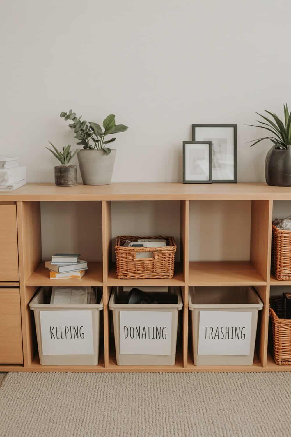 Three labeled bins for keeping, donating, and trashing items, organized on a shelf.