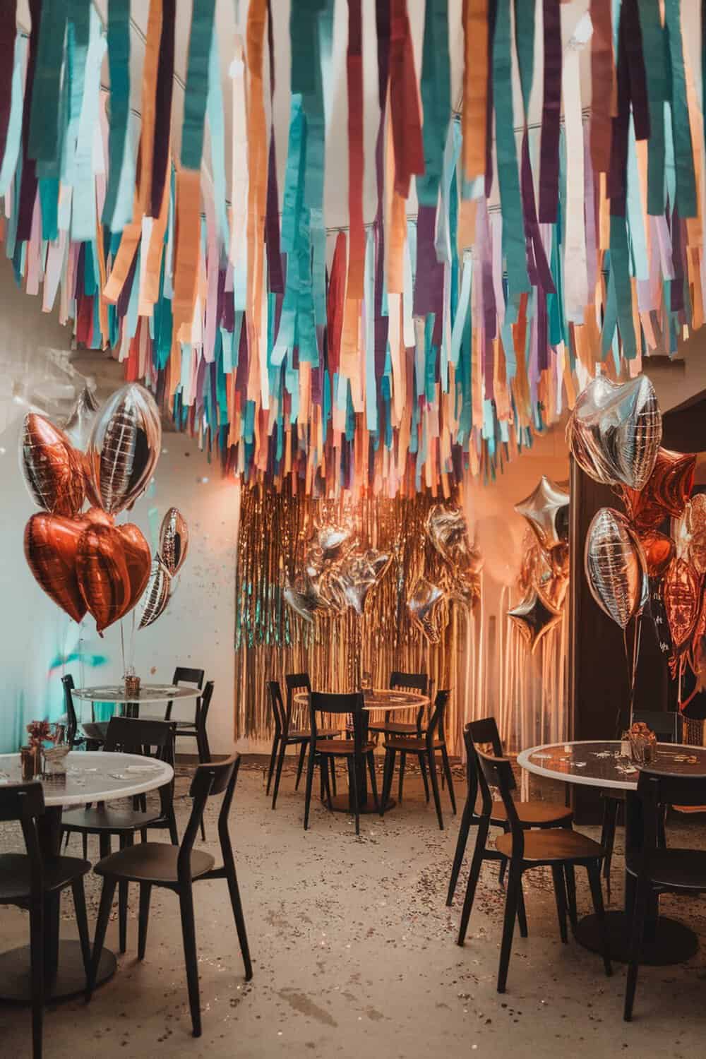 Colorful streamers hanging from the ceiling at a New Year's Eve party.