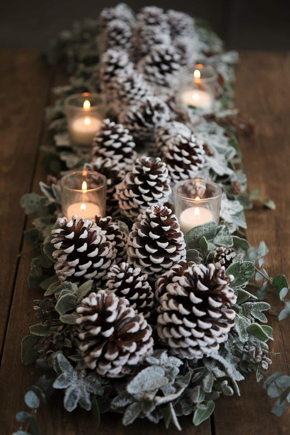 A festive table setting featuring frosted pinecones and candles.