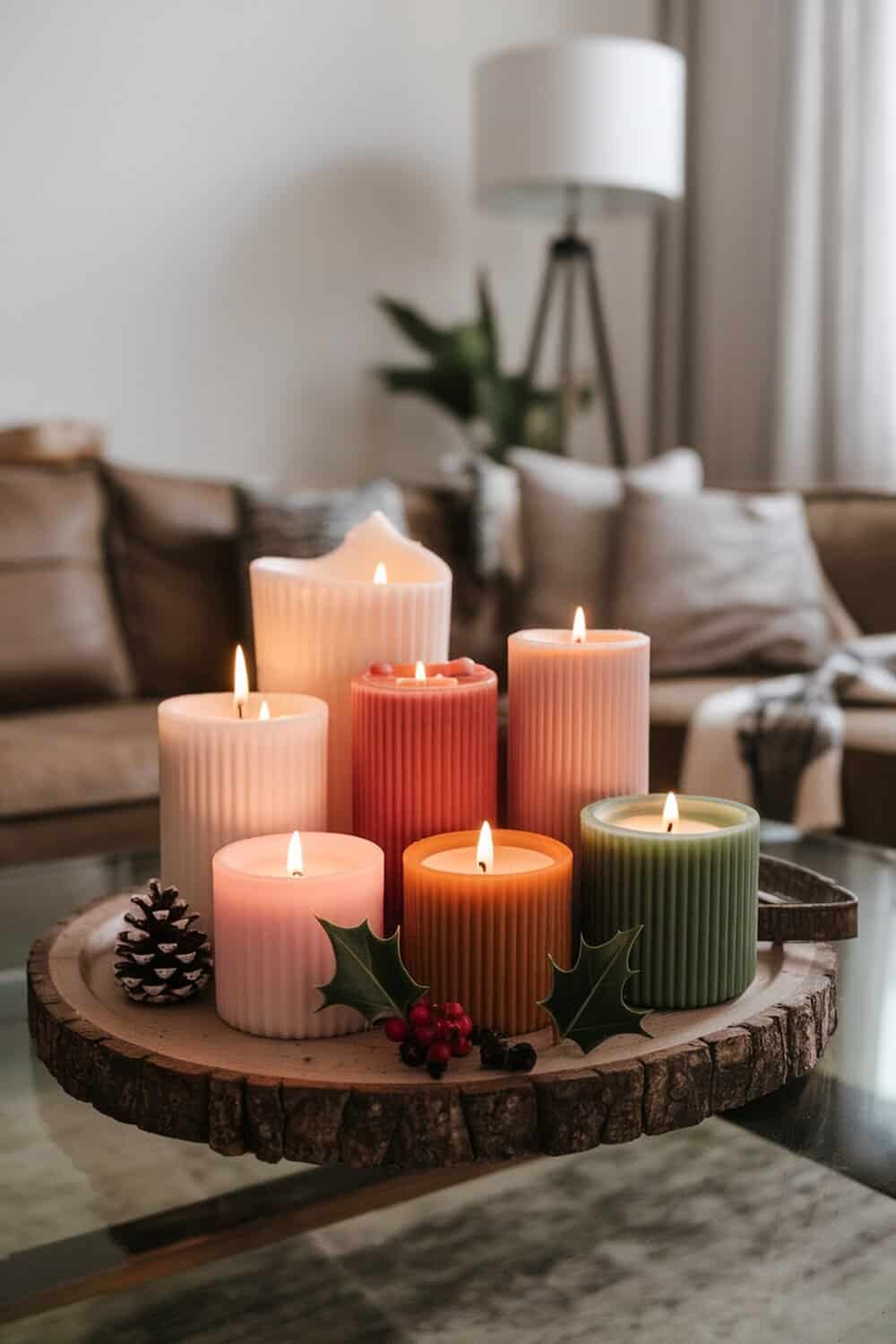A collection of colorful scented candles on a wooden tray, creating a cozy atmosphere.