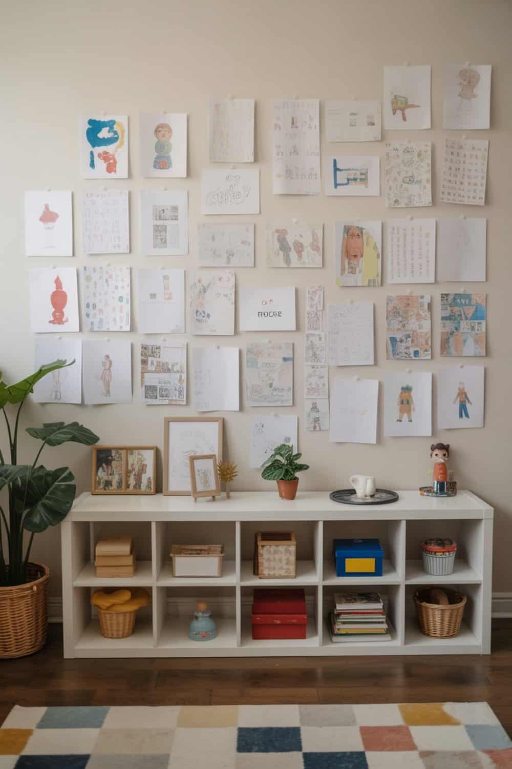 A wall displaying children's artwork with a shelf underneath containing toys and storage boxes.