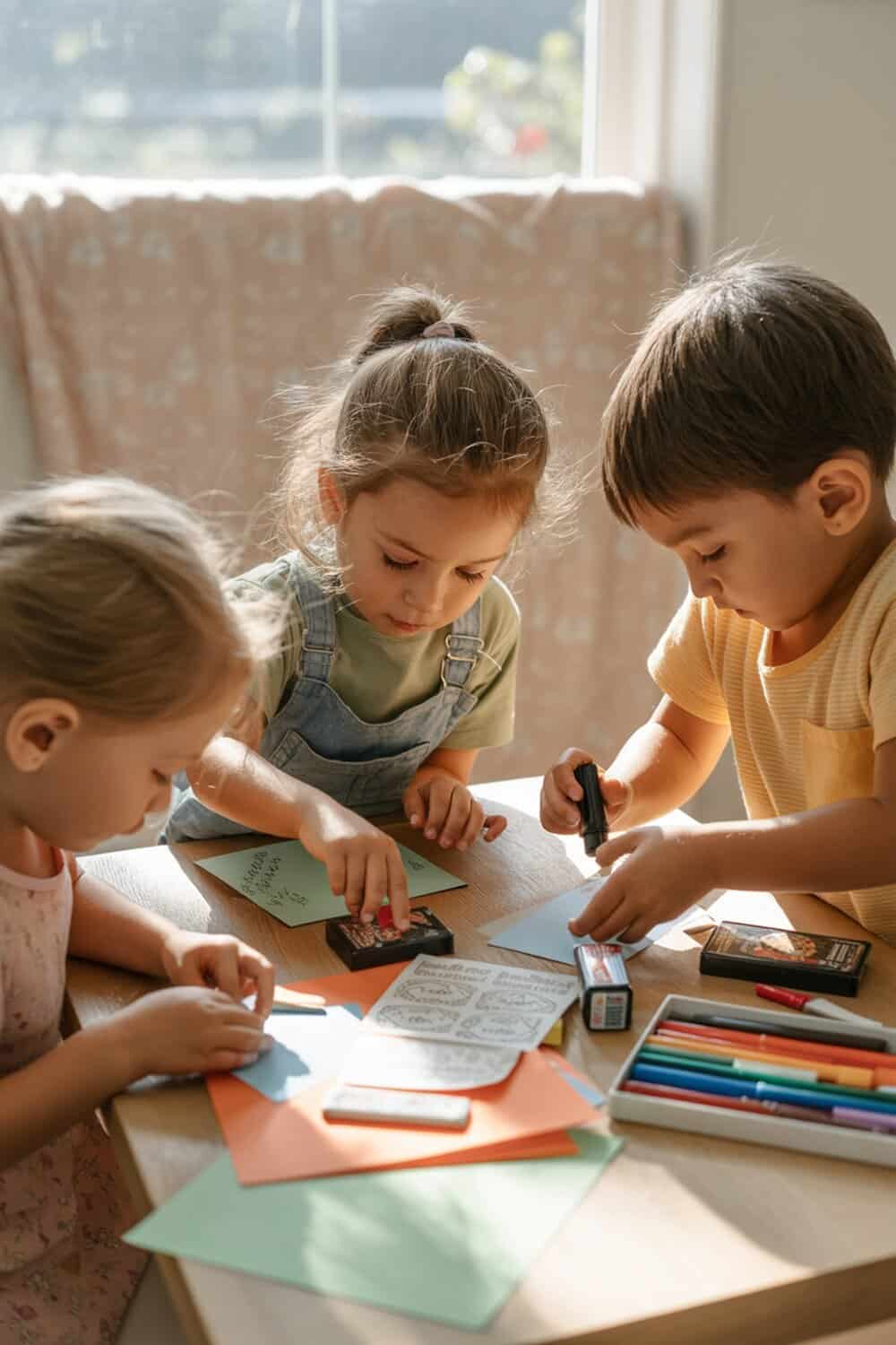 Children creating holiday gift tags with colorful paper and markers.