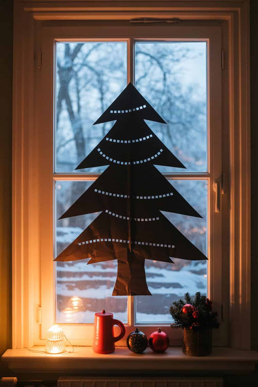 A black paper Christmas tree silhouette displayed on a window with holiday decorations below.