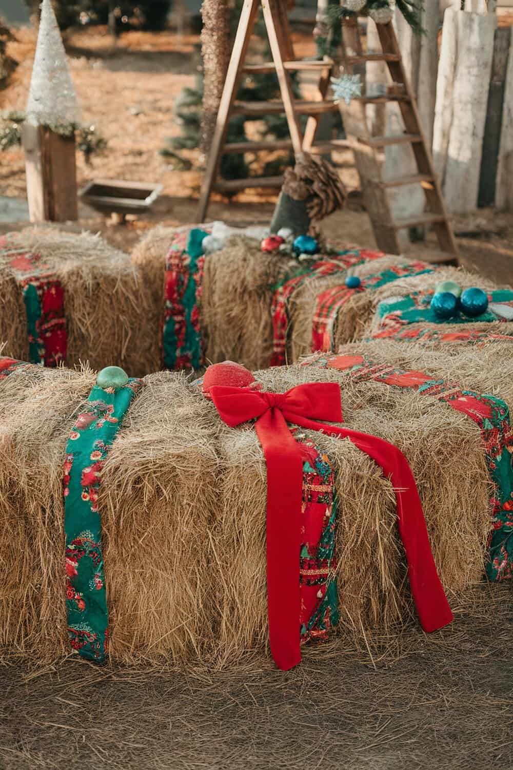 Decorative hay bales with red ribbons and ornaments for Christmas