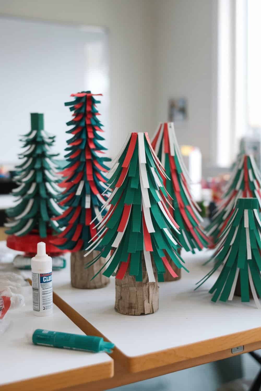 Colorful DIY mini Christmas trees made from paper and felt.