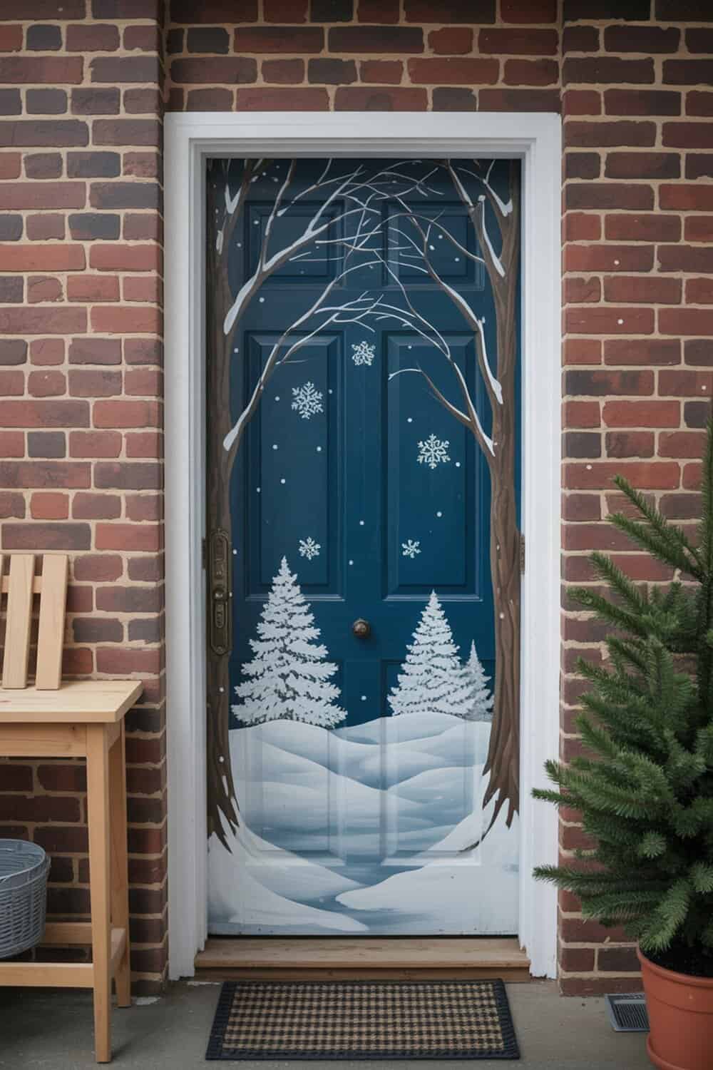 A door decorated with a winter wonderland scene, featuring snowy trees and snowflakes.