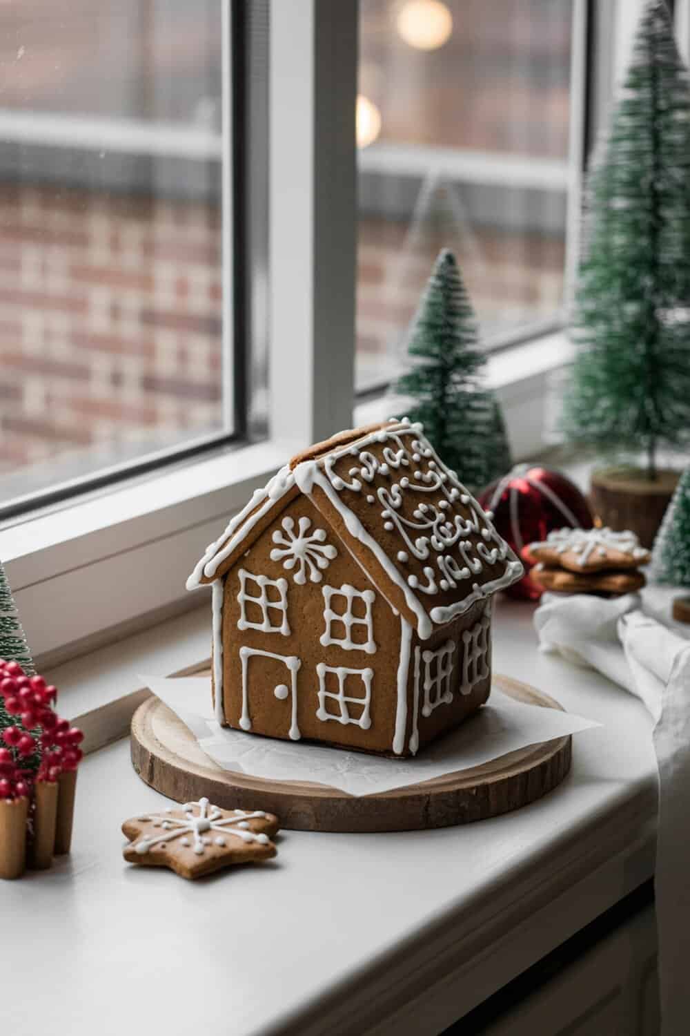 A beautifully decorated gingerbread house with icing, surrounded by mini Christmas trees and festive ornaments.