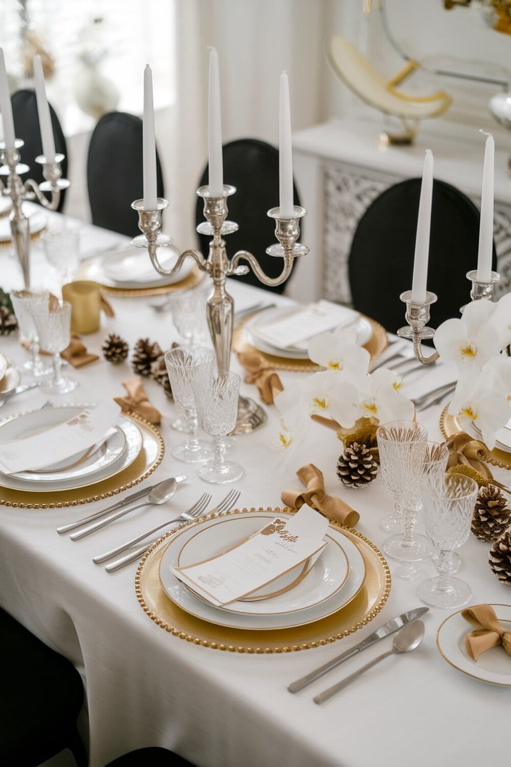 Elegant New Year’s Eve table setting with candles, glassware, and decorative elements.