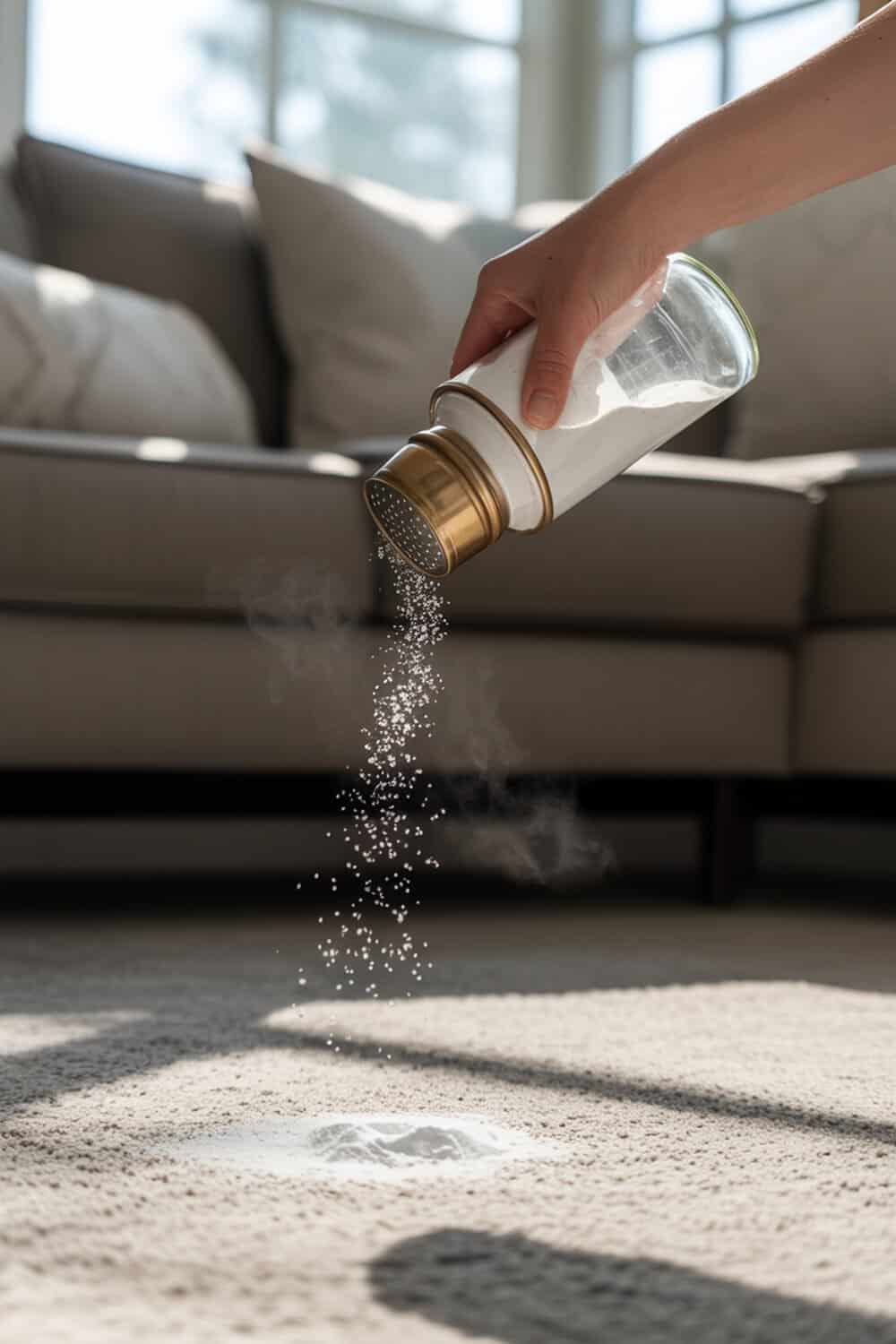 A hand pouring baking soda from a glass container onto a carpet.