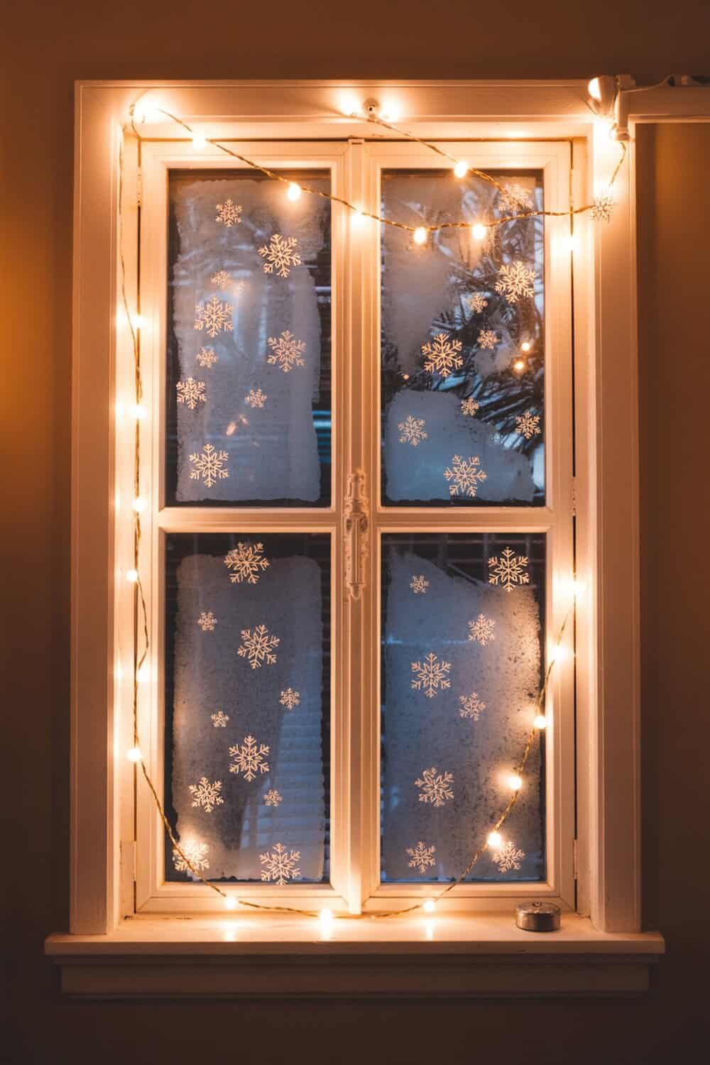 A window decorated with a frosted glass effect and snowflake designs, surrounded by warm string lights.