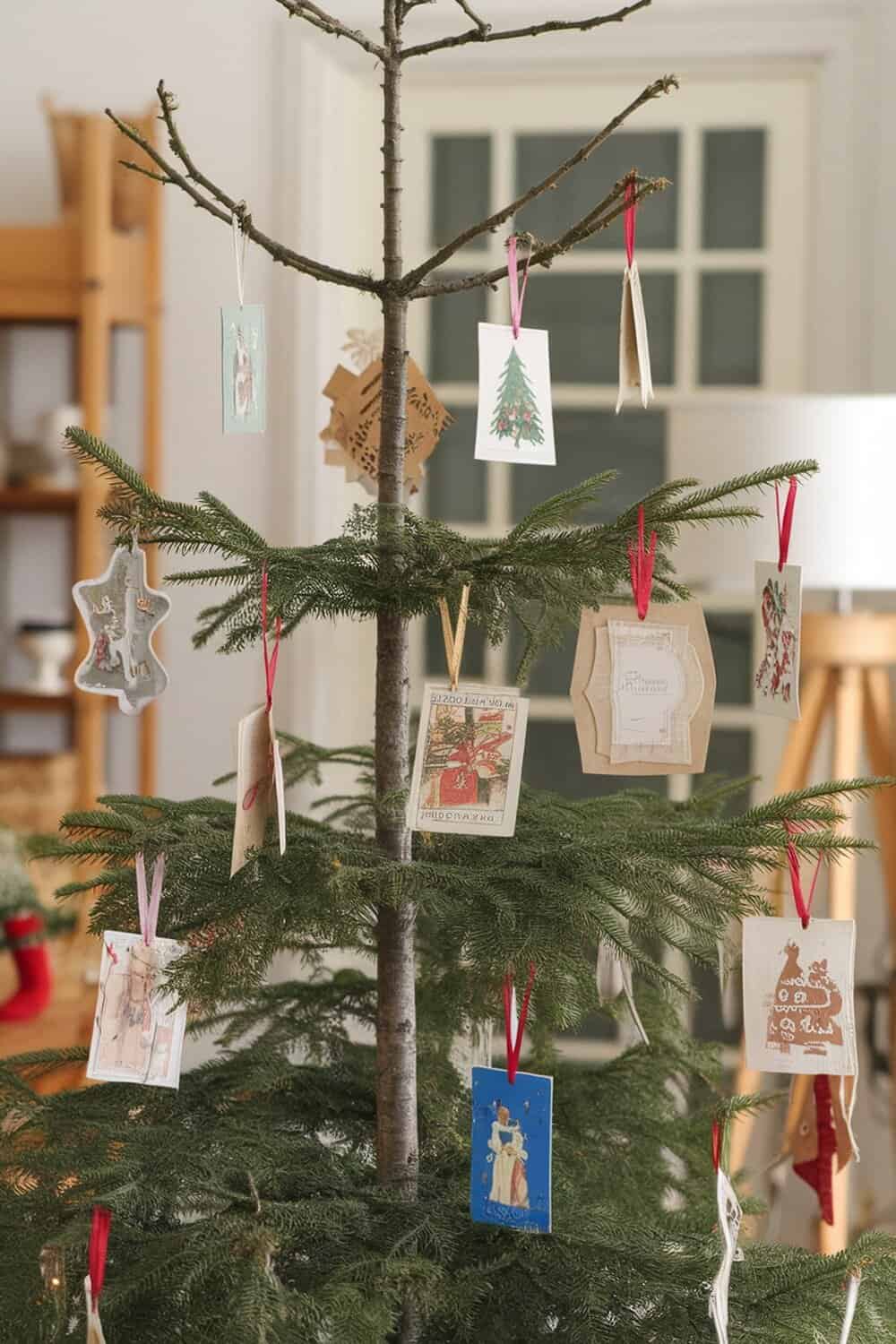 A Christmas tree decorated with various Christmas cards as ornaments.