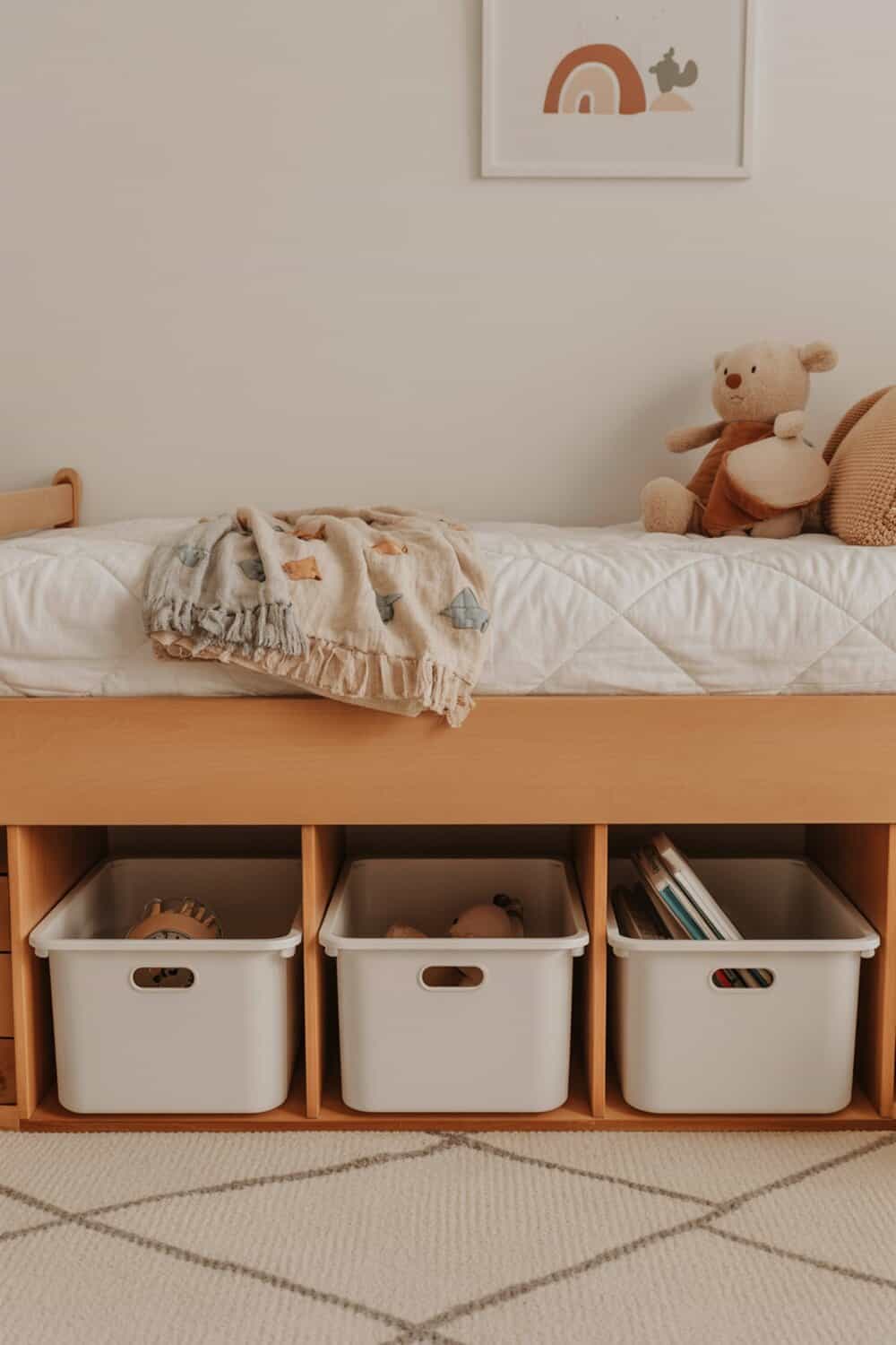Under-bed storage with bins for toys and books in a child's room.