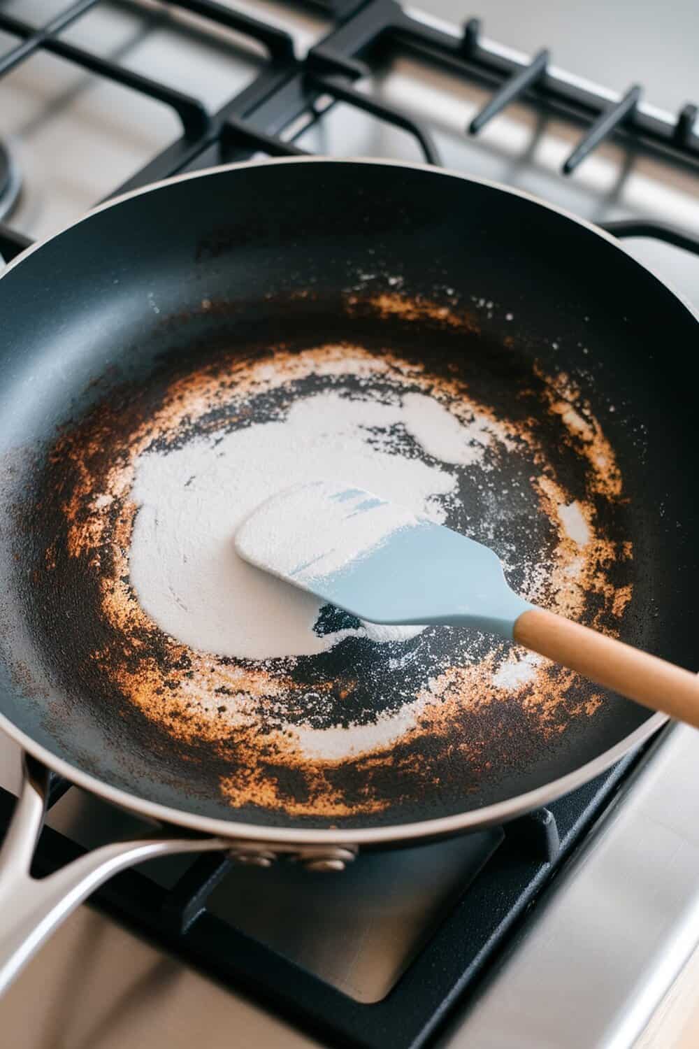 A burnt pan with cornstarch paste being applied using a spatula.