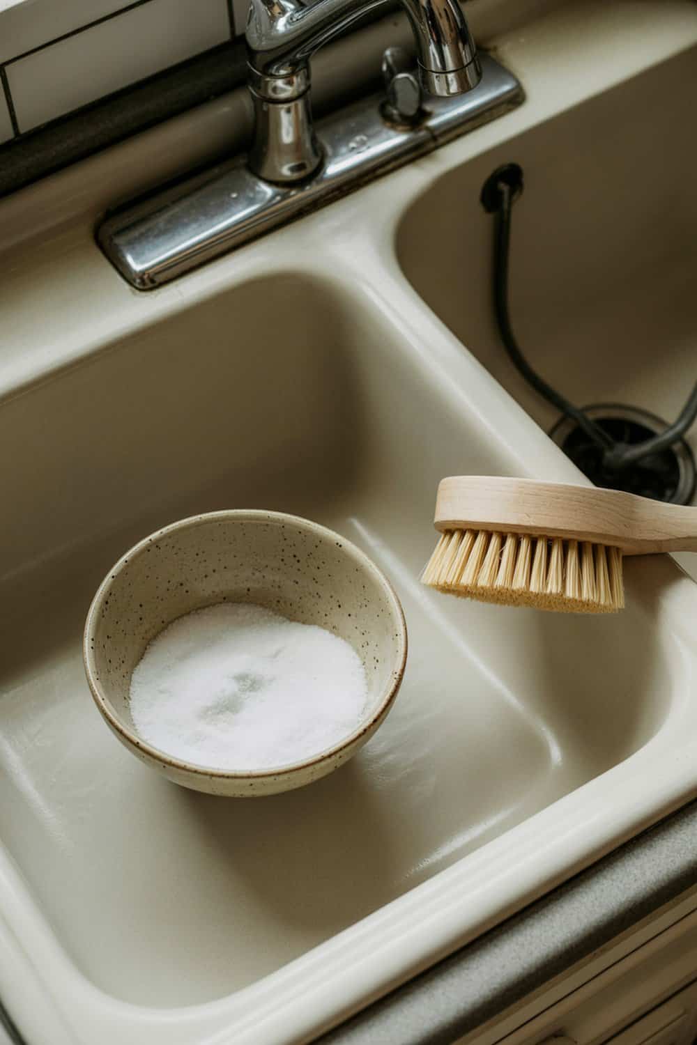 A bowl of salt next to a scrubbing brush in a kitchen sink.