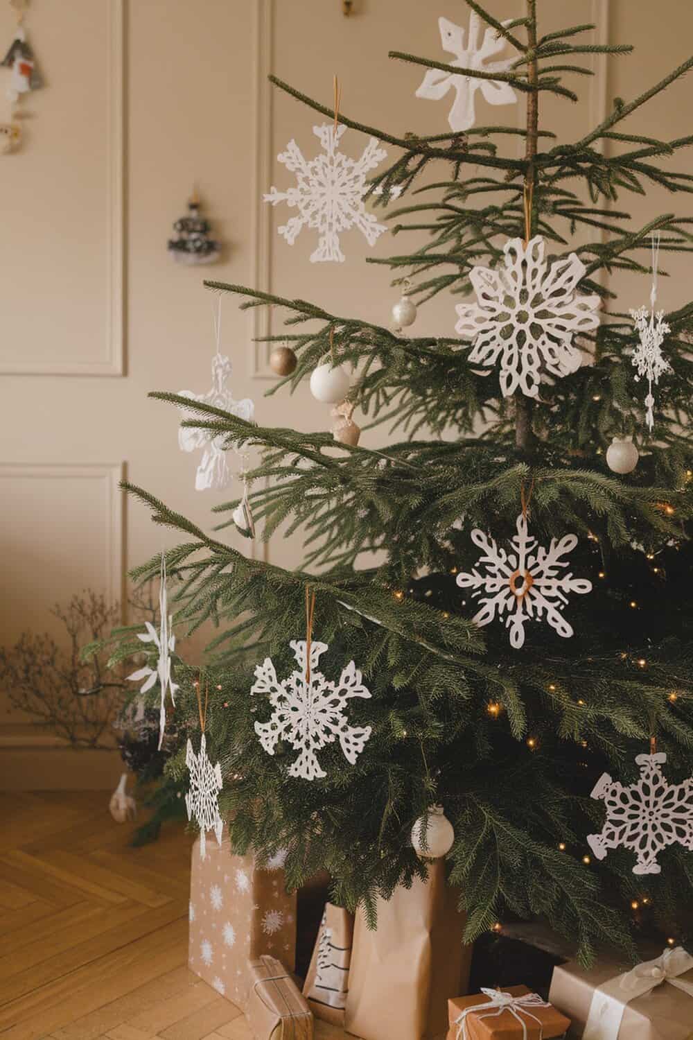 A Christmas tree decorated with white paper snowflakes and ornaments.