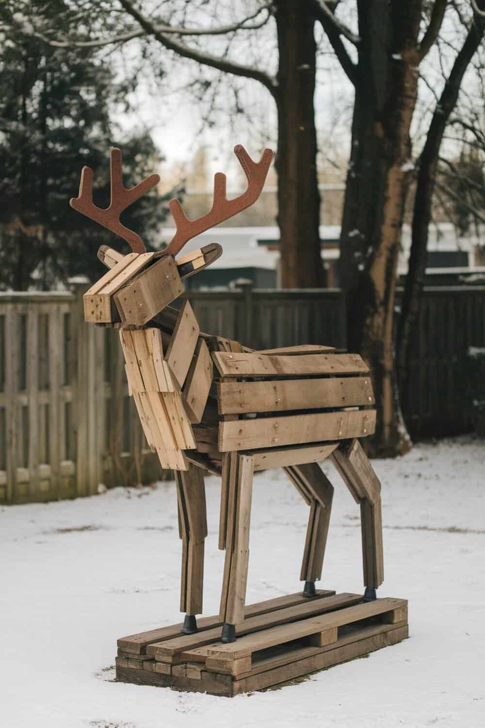 A wooden reindeer made from repurposed pallets standing in a snowy yard.