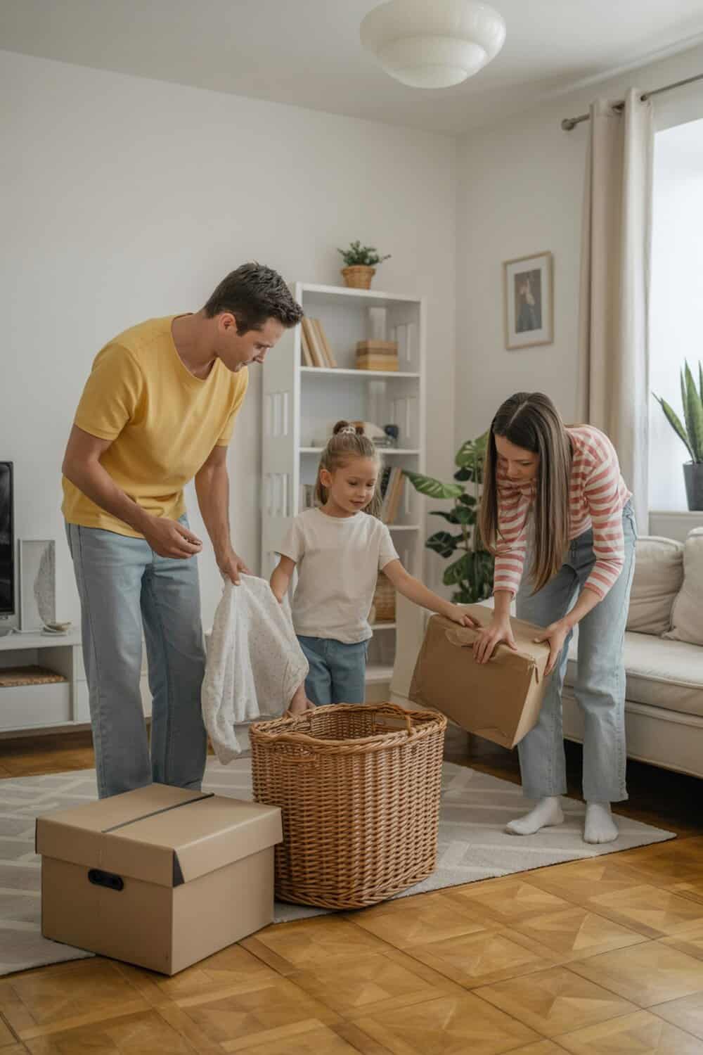 A family working together to declutter their living space.