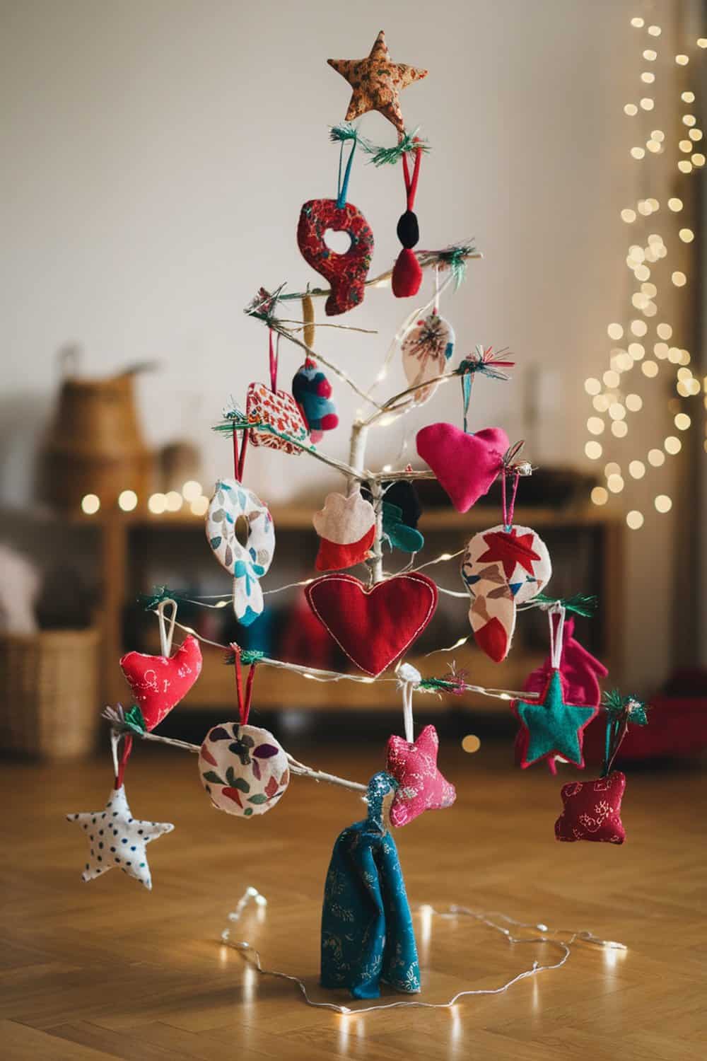 A Christmas tree decorated with colorful fabric ornaments in various shapes.
