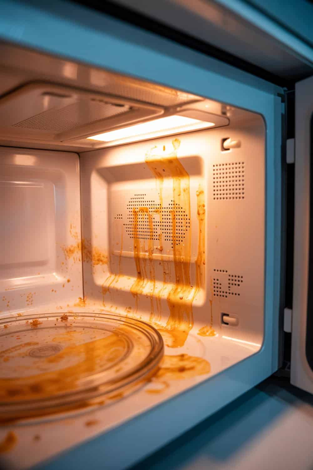 A messy microwave interior with food splatters and stains.