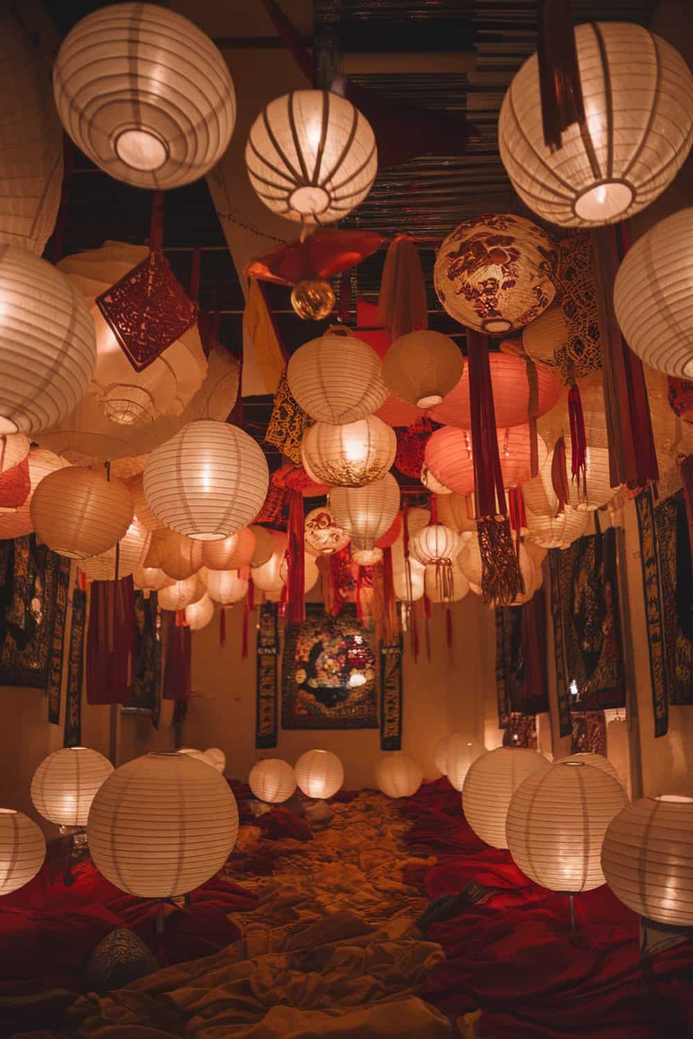 Colorful lanterns hanging in a festive setting for New Year's Eve.