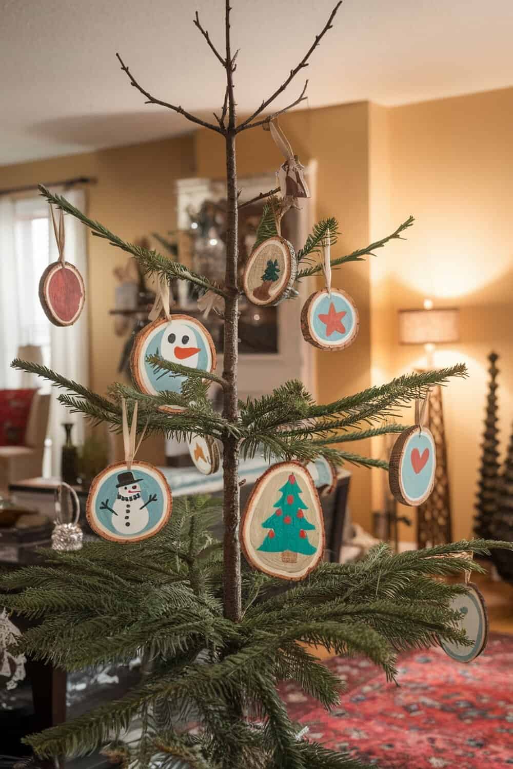 A Christmas tree decorated with wooden slice ornaments featuring various painted designs.
