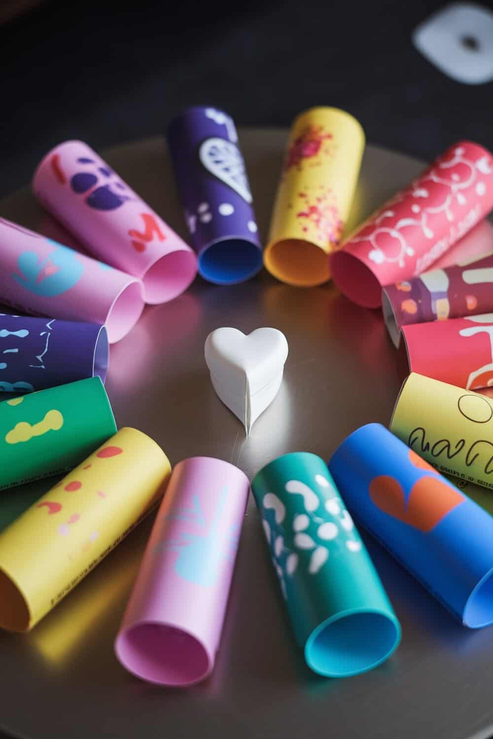 Colorful confetti poppers arranged in a circle with a heart-shaped object in the center.