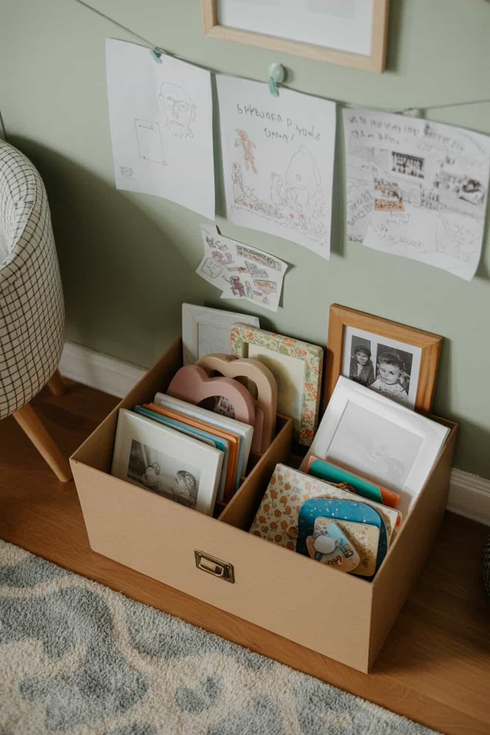 A box filled with kids' artwork and photographs, showcasing sentimental keepsakes.