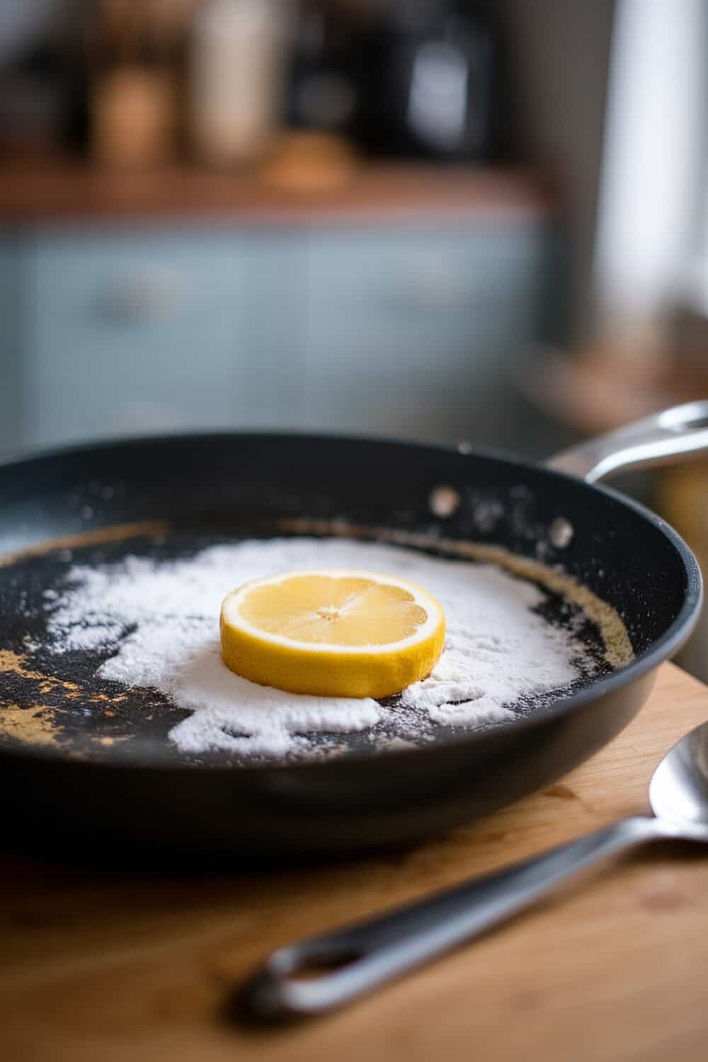 A burnt pan with a lemon slice and baking soda on it.