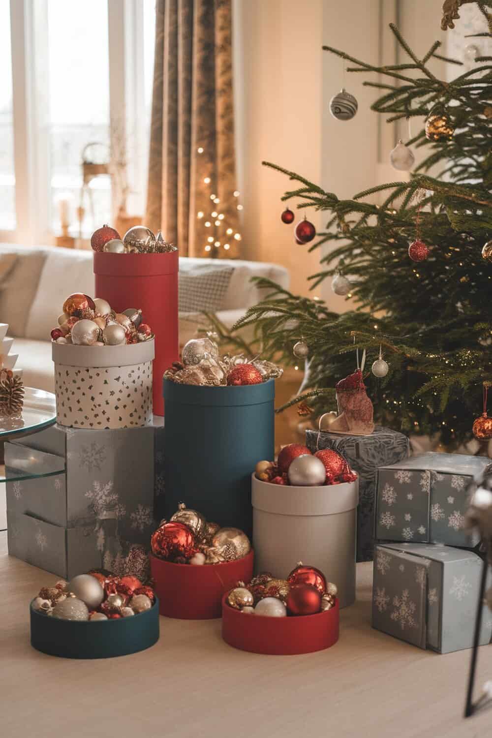 Decorative boxes filled with Christmas ornaments arranged around a Christmas tree.