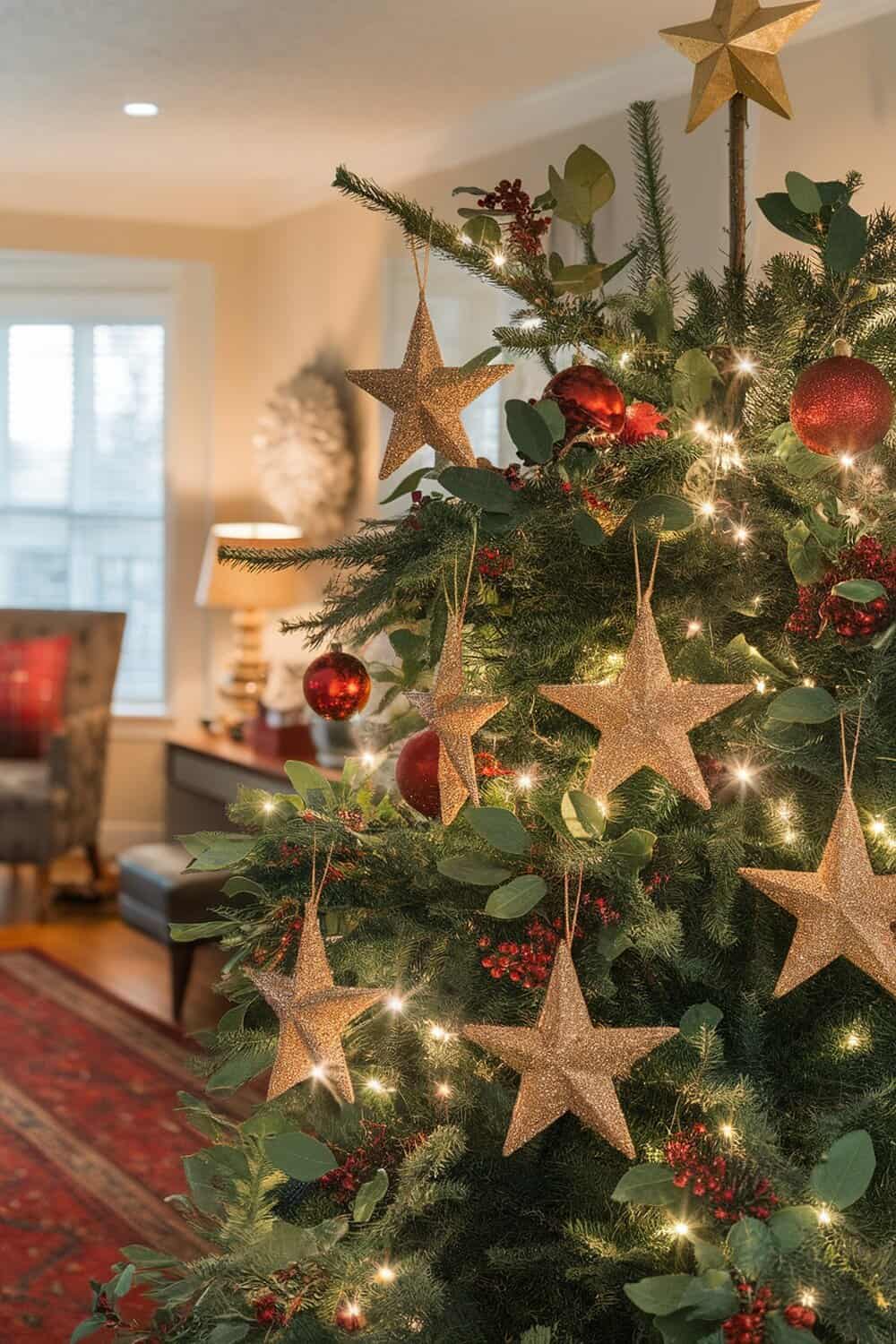 A beautifully decorated Christmas tree with glittery stars and red ornaments.