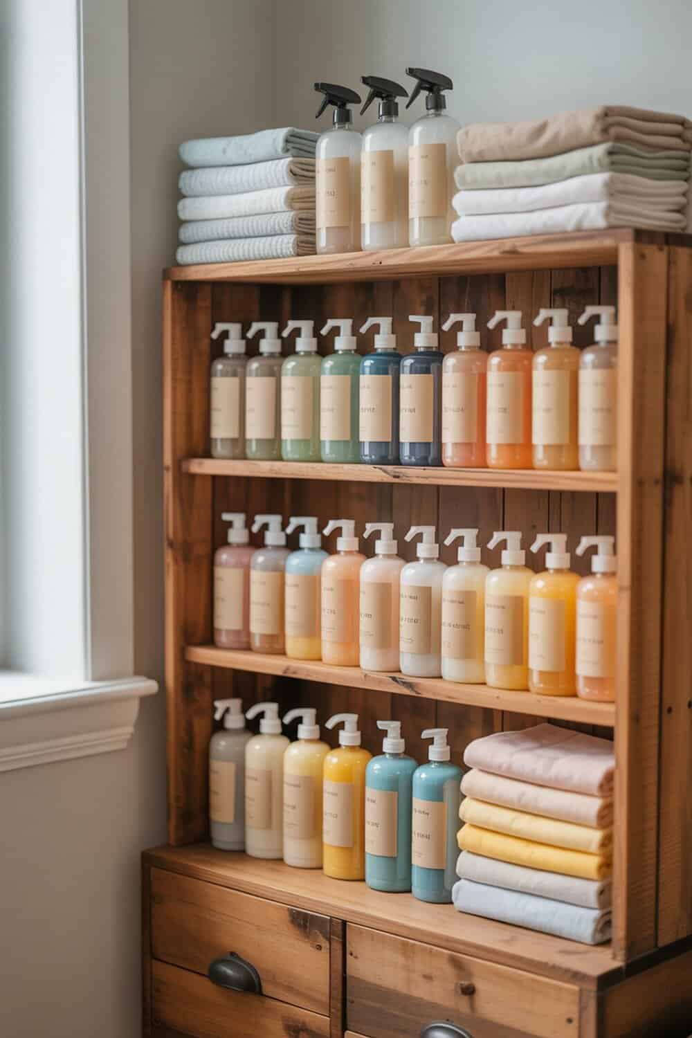 Organized cleaning supplies on wooden shelves with neatly folded towels.