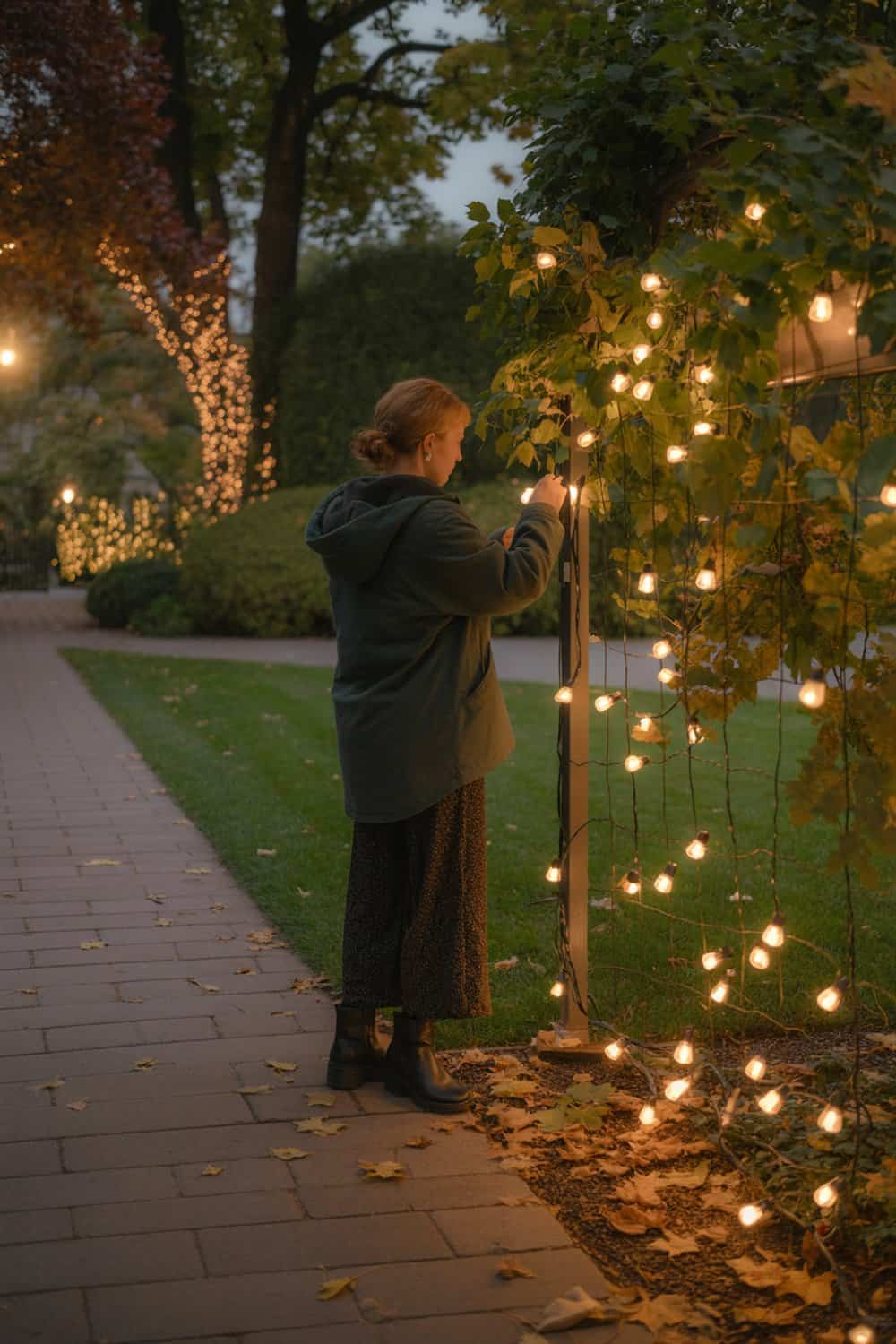 A person adjusting outdoor string lights on a trellis in a garden.