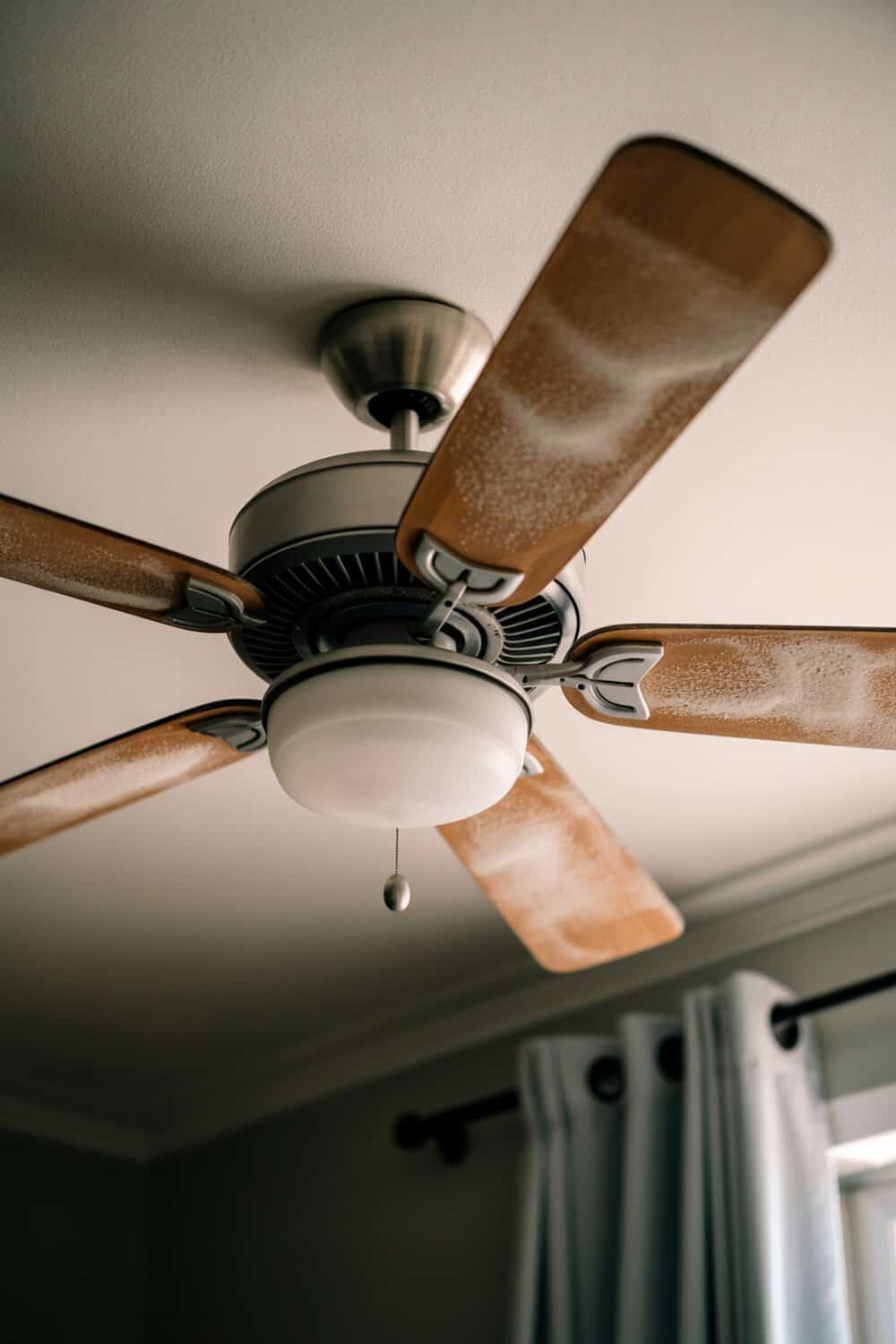 A ceiling fan with dusty wooden blades and a light fixture.