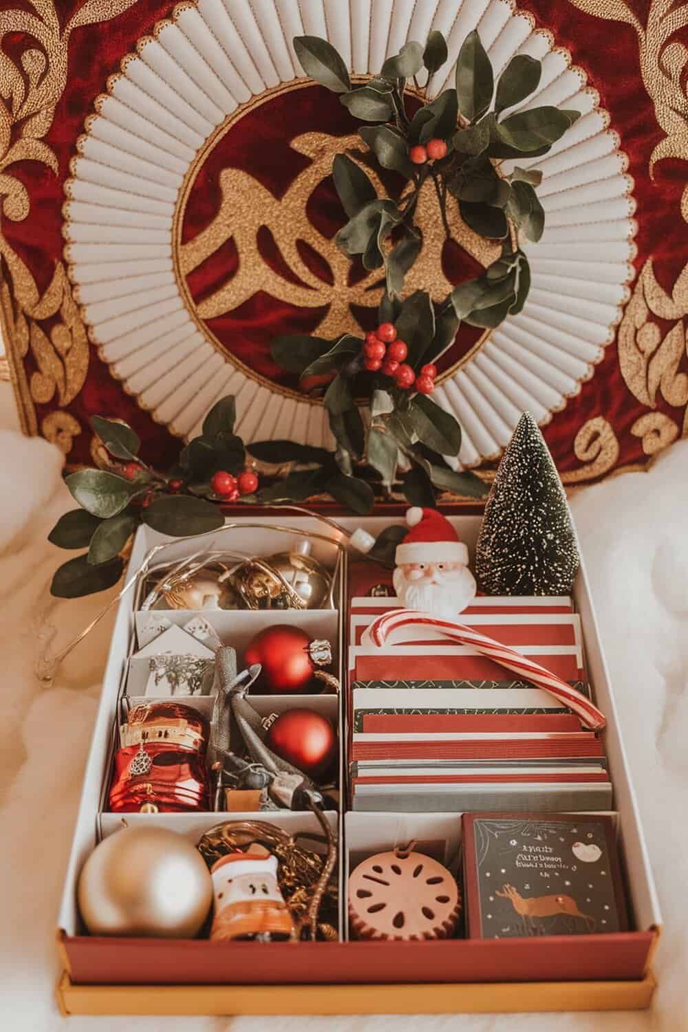 A beautifully organized box containing Christmas cards and keepsakes, surrounded by holiday decorations.